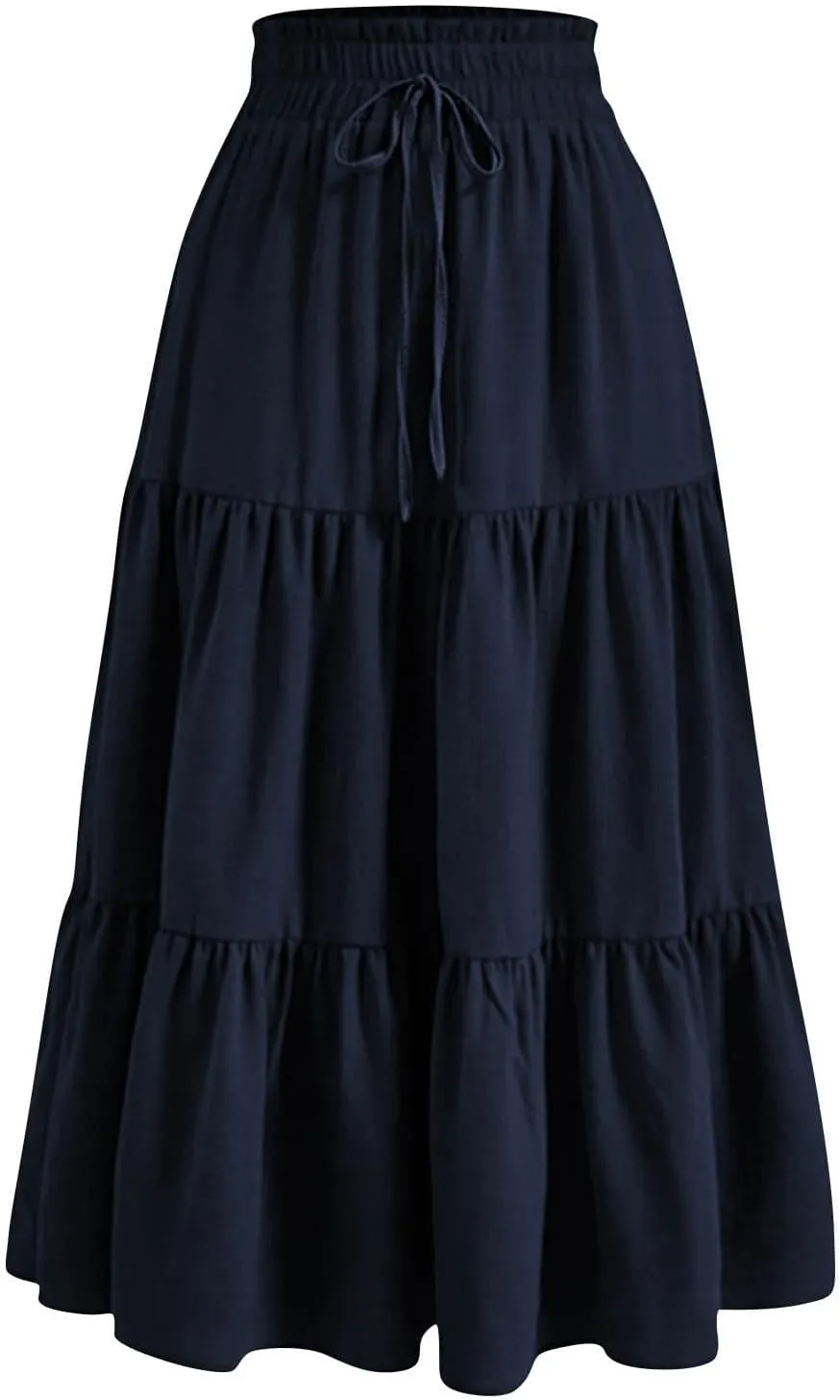 Summer Long Skirts for Women Casual Drawstring High Waist Lightweight Tiered Flowy Pleated Skirts with Pocket