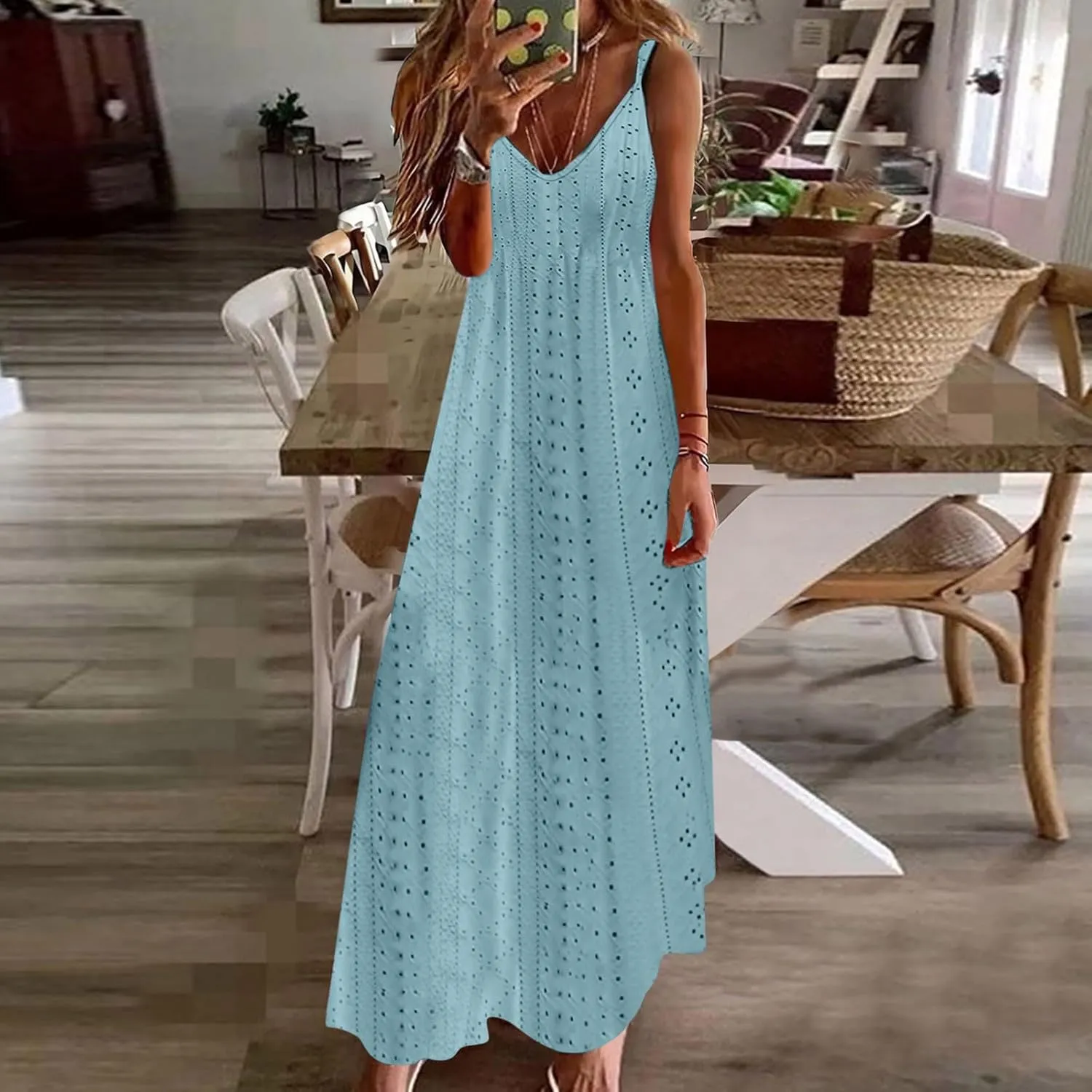 Summer Maxi Dresses for Women 2024 Sexy Lace Eyelet Sleeveless v Neck Long Dress Spaghetti Strap Flowy Beach Sundress