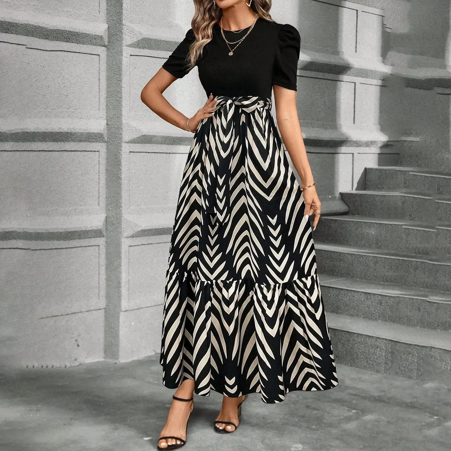 Summer Maxi Dresses for Women 2025 Casual Short Sleeve Floral Dress with Belt Elegant Wedding Guest Long Flowy Sun Dresses
