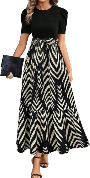 Summer Maxi Dresses for Women 2025 Casual Short Sleeve Floral Dress with Belt Elegant Wedding Guest Long Flowy Sun Dresses