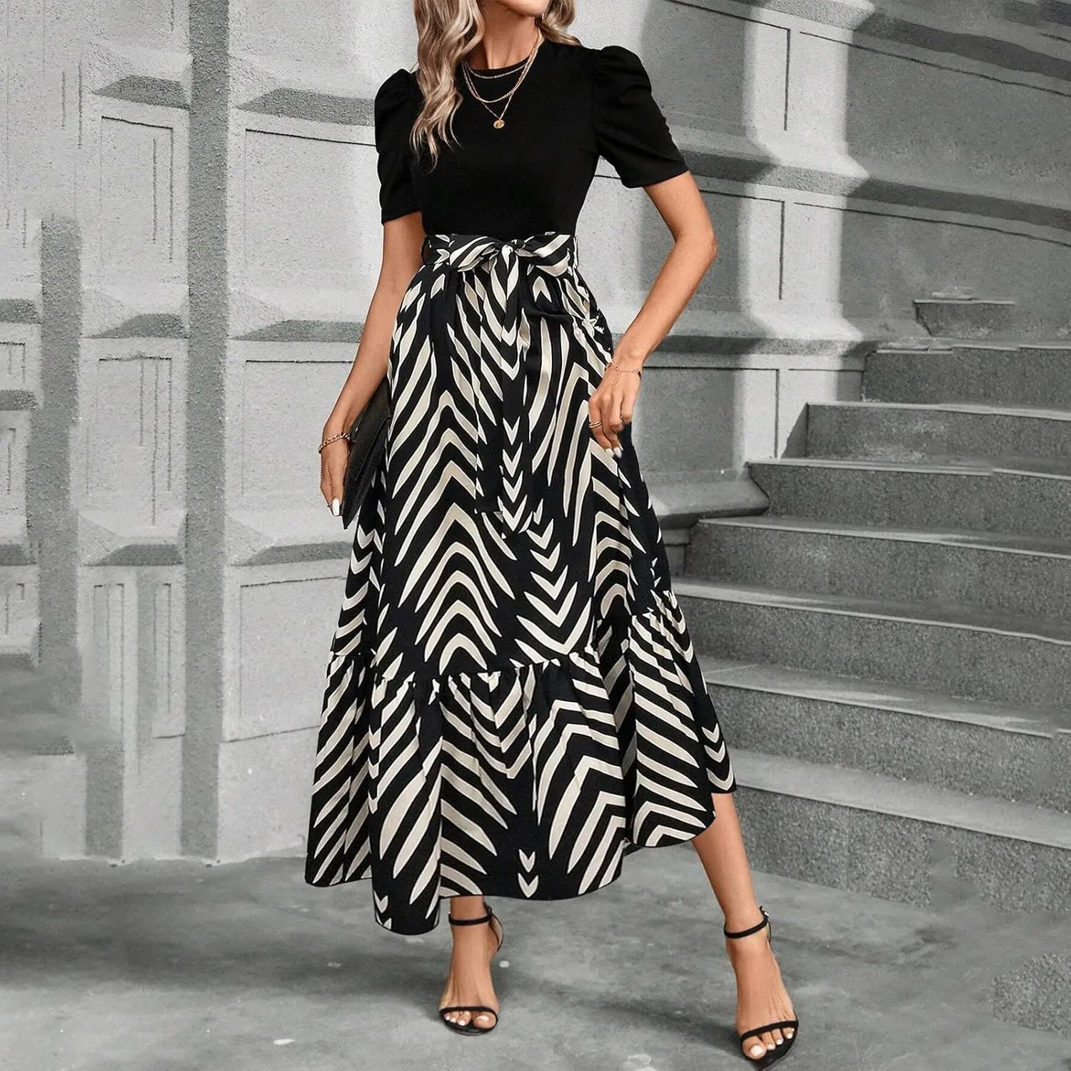 Summer Maxi Dresses for Women 2025 Casual Short Sleeve Floral Dress with Belt Elegant Wedding Guest Long Flowy Sun Dresses