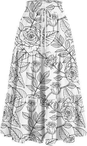 Summer Maxi Skirts for Women 2025 Boho Drawstring Elastic High Waist Long Skirts A Line Floral Pleated Tiered Skirt