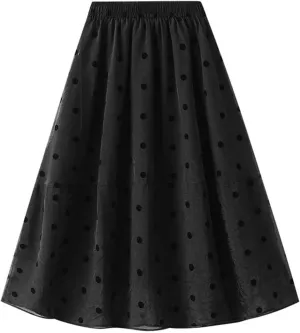 Summer Mesh Midi Skirts for Women Elastic Waist Polka Dot Printed Pleated Skirt Casual Cute Puffy Knee Length Skirts