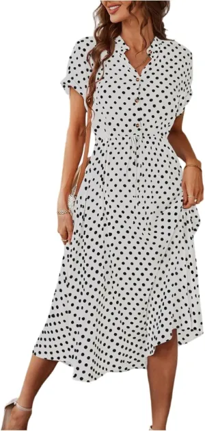 Summer Midi Dresses for Women 2025 Elegant Polka Dots Formal Dress V Neck Button Boho Beach Flowy Swing A Line Dress