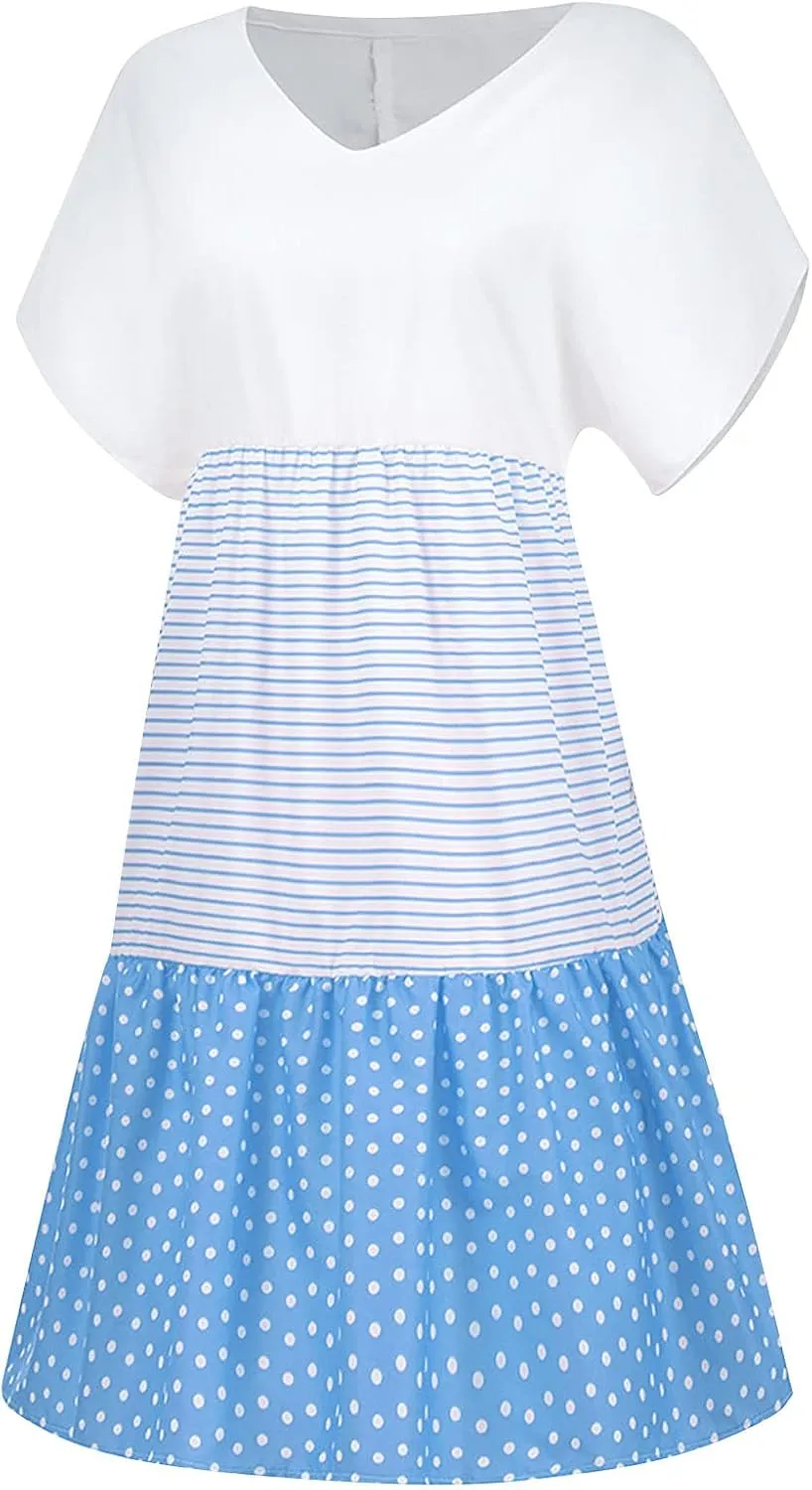 Summer Midi Dresses for Women Fashion 2024 Casual Short Sleeve v Neck Shirt Dress Color Block Swing Beach Sundresses