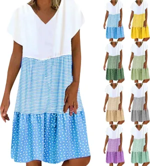 Summer Midi Dresses for Women Fashion 2024 Casual Short Sleeve v Neck Shirt Dress Color Block Swing Beach Sundresses