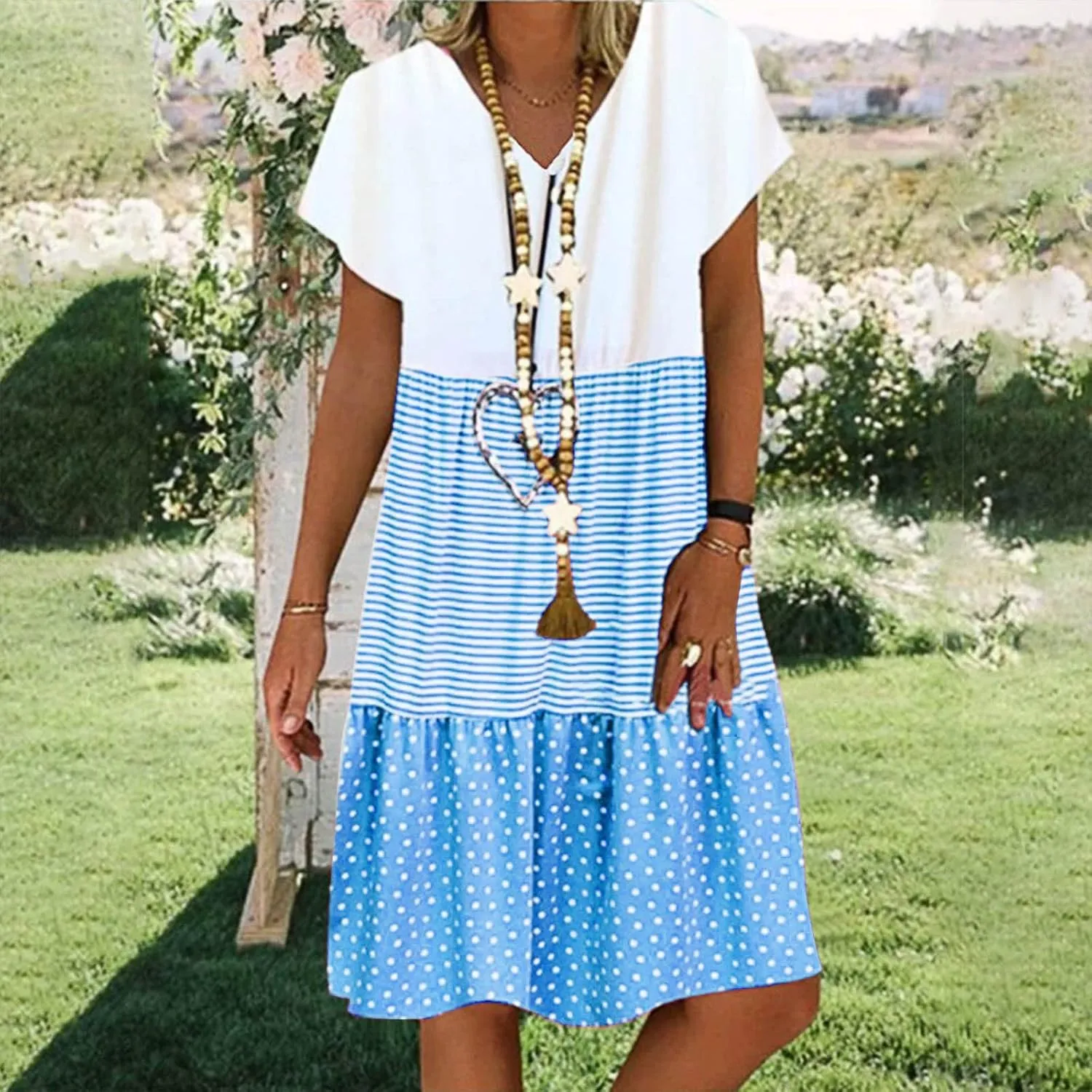 Summer Midi Dresses for Women Fashion 2024 Casual Short Sleeve v Neck Shirt Dress Color Block Swing Beach Sundresses