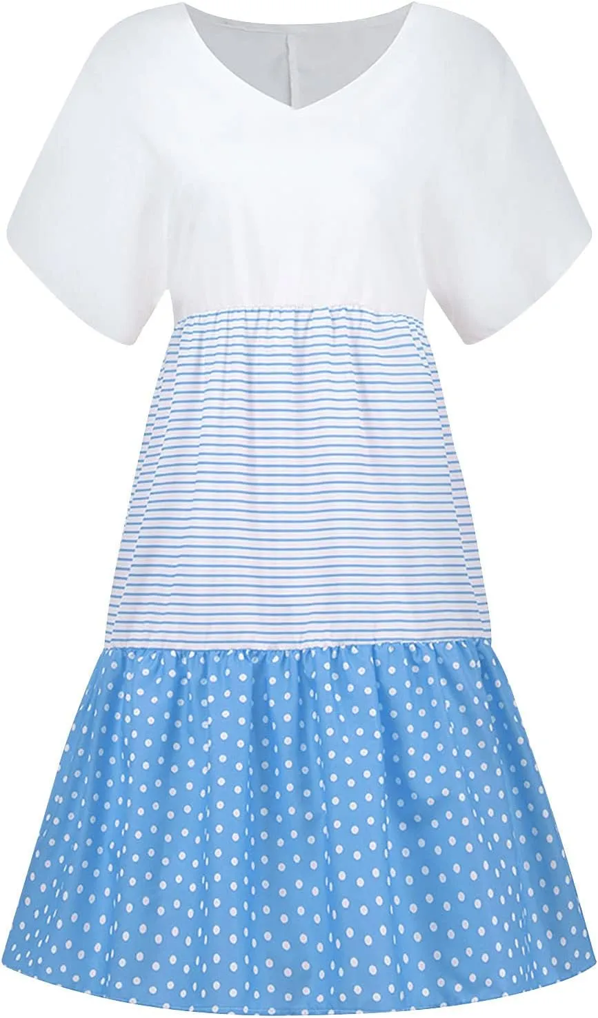 Summer Midi Dresses for Women Fashion 2024 Casual Short Sleeve v Neck Shirt Dress Color Block Swing Beach Sundresses