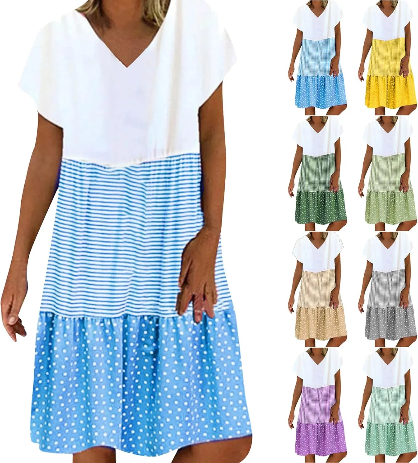 Summer Midi Dresses for Women Fashion 2024 Casual Short Sleeve v Neck Shirt Dress Color Block Swing Beach Sundresses