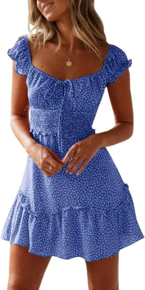 Summer Mini Dress for Women Sexy Lace Up U Neck Short Sleeve Mini Dresses Trendy Slim Floral Tunic Ruffle Hem Dress