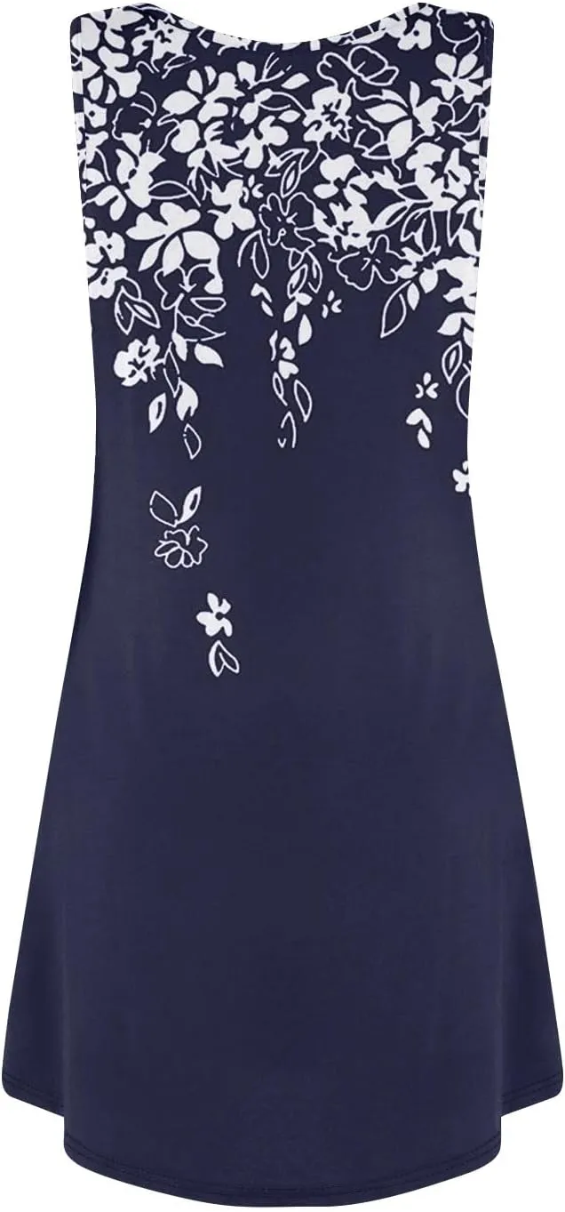 Summer Mini Dresses for Women Casual Trendy Vintage Floral Print Boho Sleeveless A-Line Pockets Beach Tank Sundress