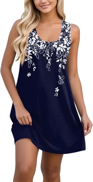 Summer Mini Dresses for Women Casual Trendy Vintage Floral Print Boho Sleeveless A-Line Pockets Beach Tank Sundress
