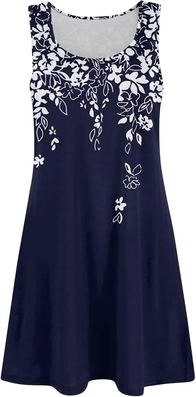 Summer Mini Dresses for Women Casual Trendy Vintage Floral Print Boho Sleeveless A-Line Pockets Beach Tank Sundress