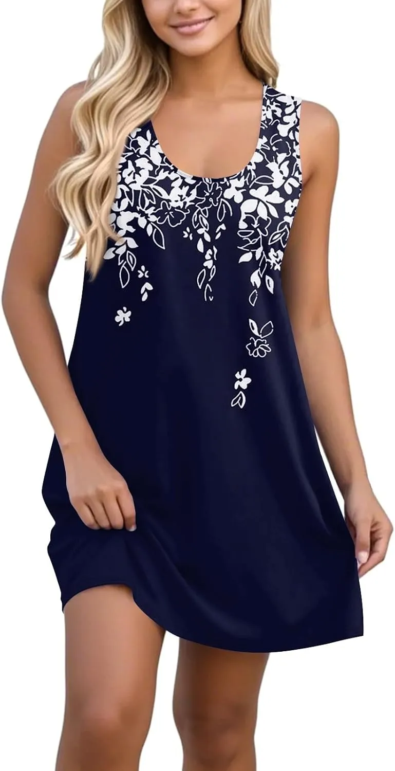 Summer Mini Dresses for Women Casual Trendy Vintage Floral Print Boho Sleeveless A-Line Pockets Beach Tank Sundress