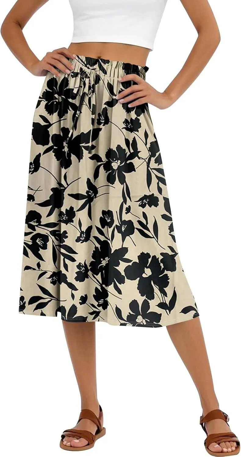 Summer Skirt for Women Midi Wrap Skirt Drawstring High Waist Knee Length Skirts A Line Floral Graphic Bohemian Skirt