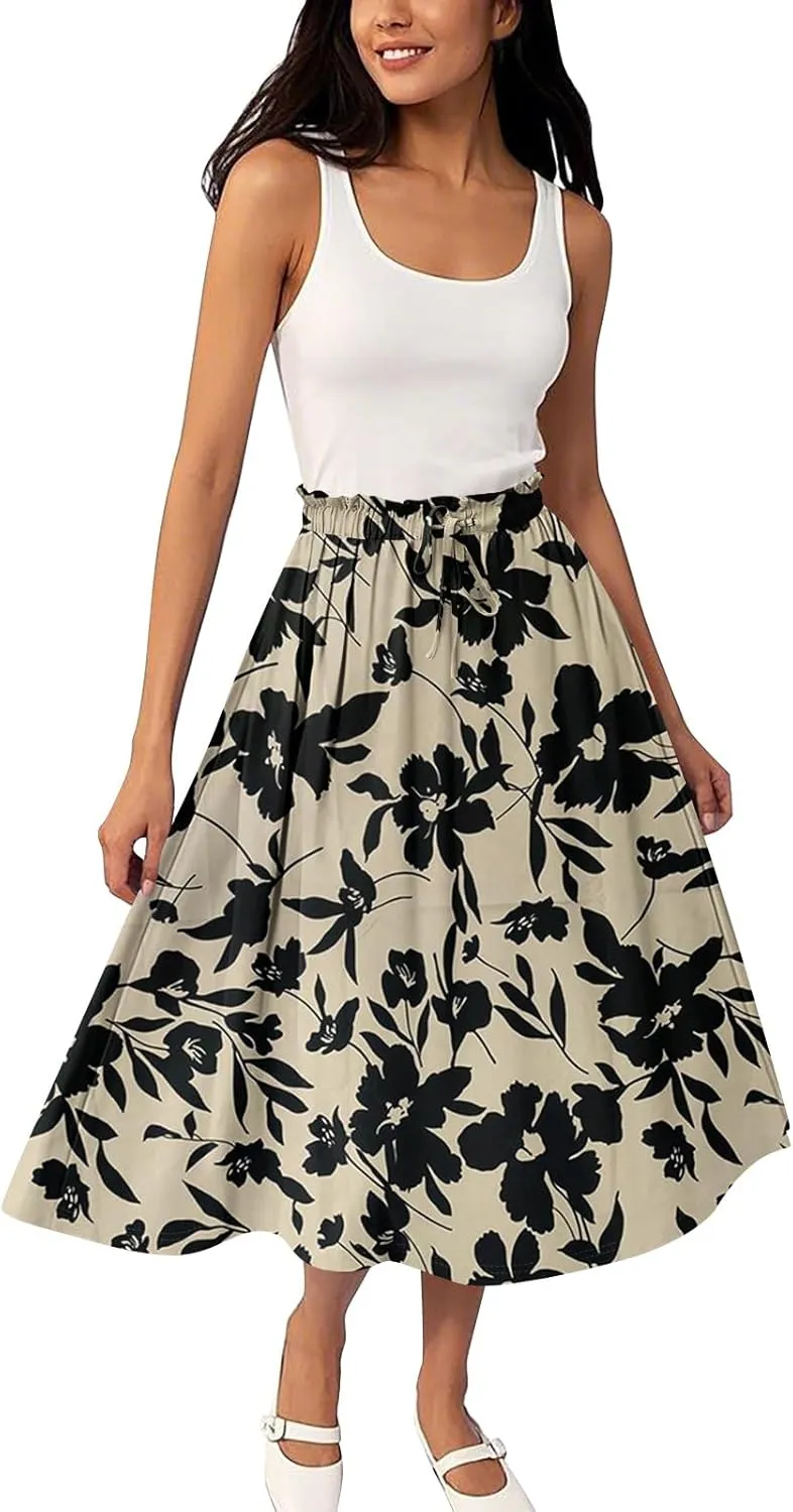 Summer Skirt for Women Midi Wrap Skirt Drawstring High Waist Knee Length Skirts A Line Floral Graphic Bohemian Skirt