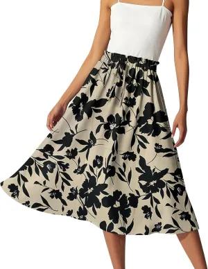 Summer Skirt for Women Midi Wrap Skirt Drawstring High Waist Knee Length Skirts A Line Floral Graphic Bohemian Skirt