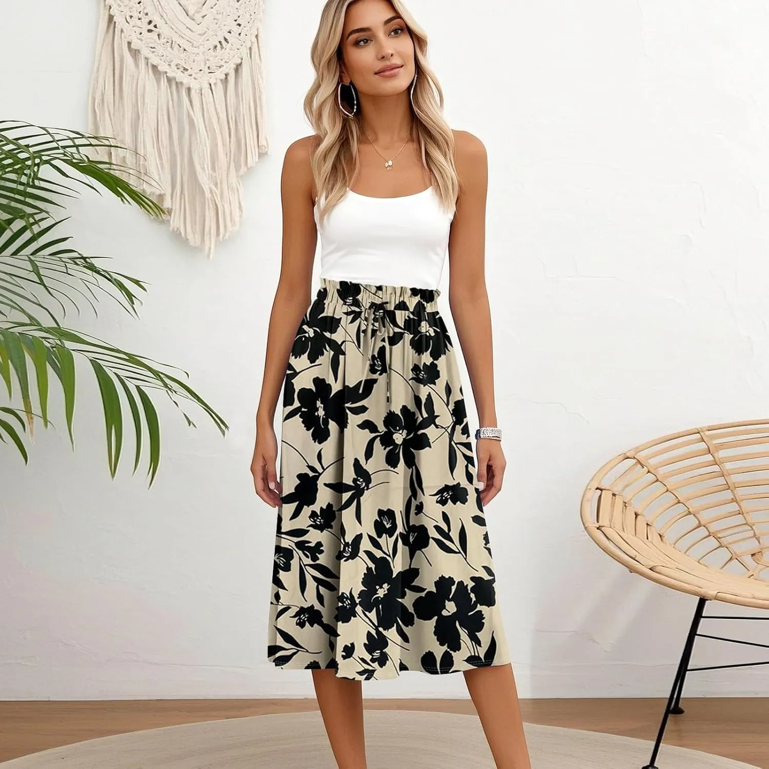 Summer Skirt for Women Midi Wrap Skirt Drawstring High Waist Knee Length Skirts A Line Floral Graphic Bohemian Skirt