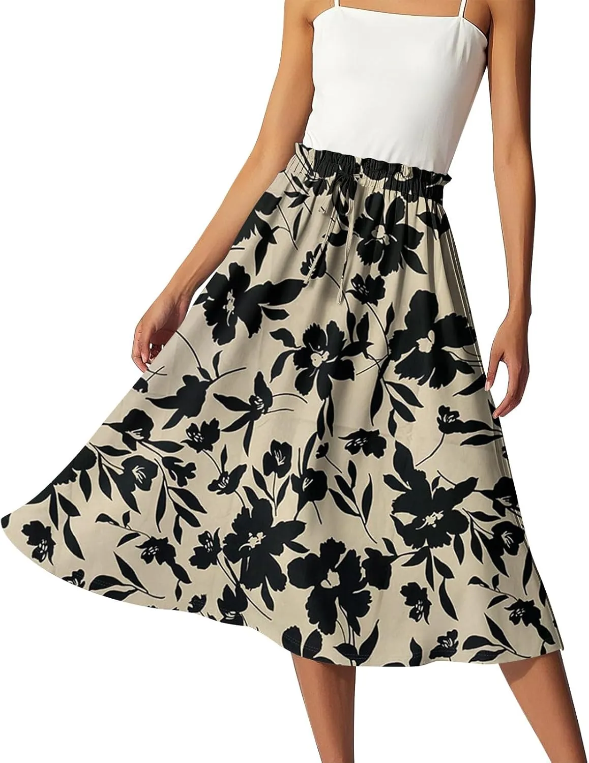 Summer Skirt for Women Midi Wrap Skirt Drawstring High Waist Knee Length Skirts A Line Floral Graphic Bohemian Skirt