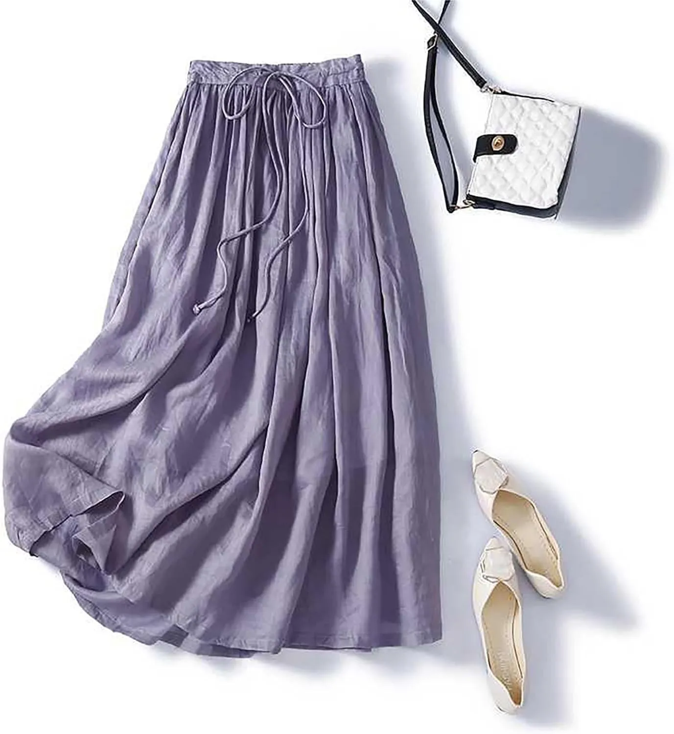 Summer Skirts for Women 2024 Drawstring Elastic Waist Solid Maxi Skirt Dress Causal Ruffle Cotton Linen a-Line Skirt