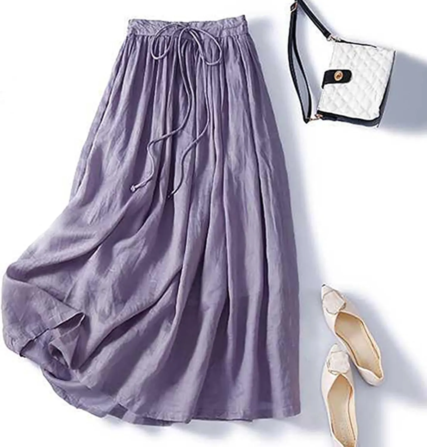 Summer Skirts for Women 2024 Drawstring Elastic Waist Solid Maxi Skirt Dress Causal Ruffle Cotton Linen a-Line Skirt