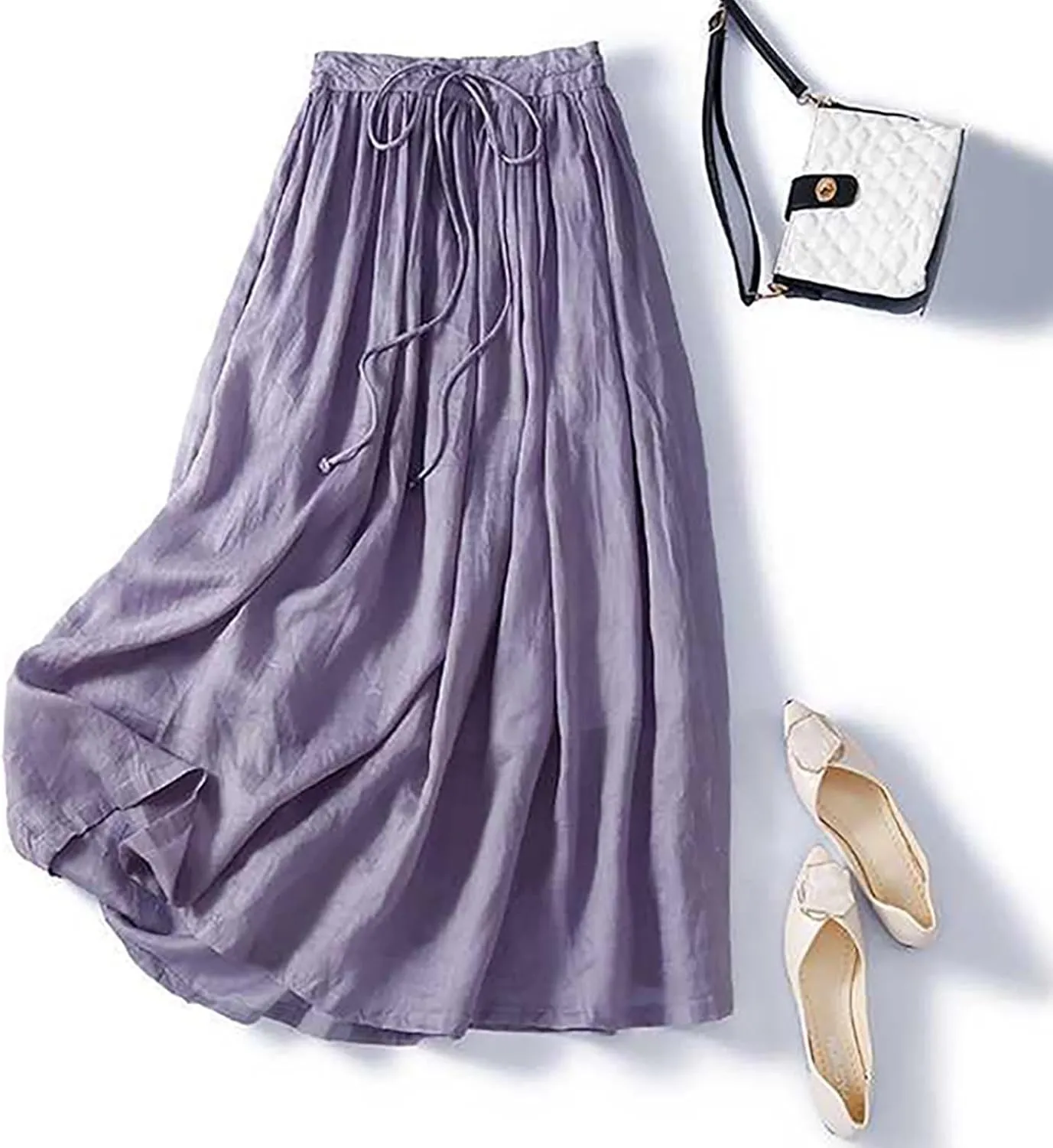 Summer Skirts for Women 2024 Drawstring Elastic Waist Solid Maxi Skirt Dress Causal Ruffle Cotton Linen a-Line Skirt