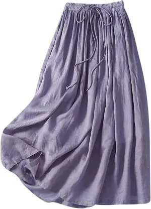 Summer Skirts for Women 2024 Drawstring Elastic Waist Solid Maxi Skirt Dress Causal Ruffle Cotton Linen a-Line Skirt