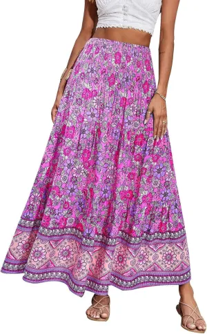 Summer Skirts for Women 2025 Loose Trendy Floral Print Elastic Waist Lightweight Boho Flowy Maxi Skirt, S-2XL
