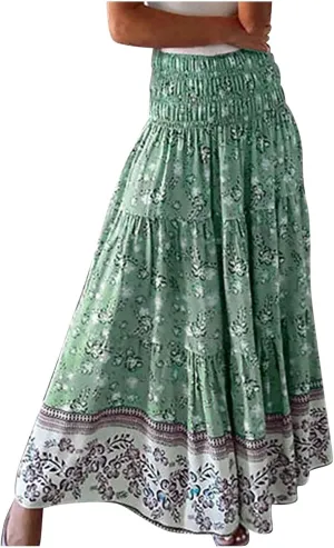 Summer Skirts for Women 2025 Loose Trendy Floral Print Elastic Waist Lightweight Boho Flowy Maxi Skirt, S-2XL