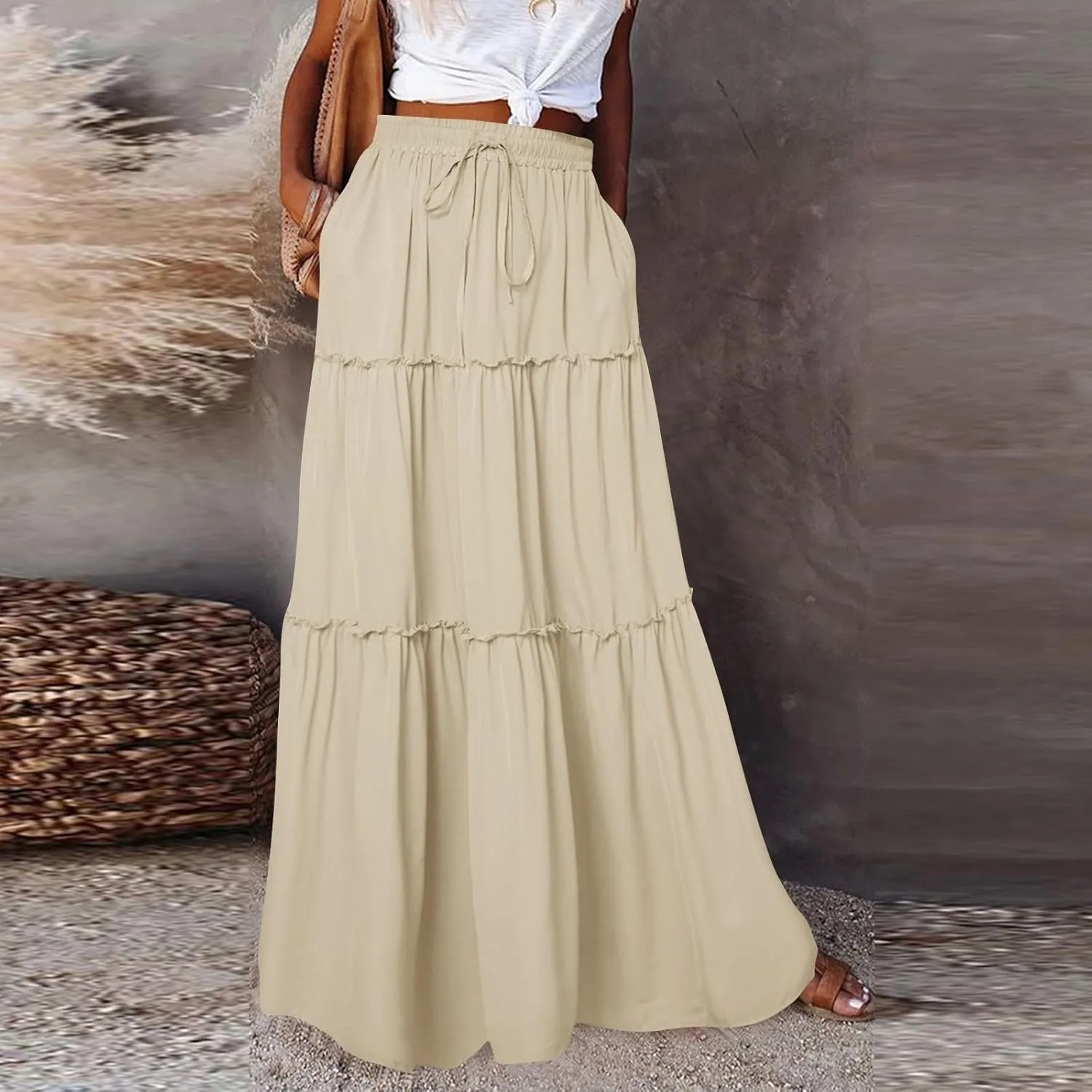 Summer Skirts for Women 2025 Vacation Pleated Long Skirt Maxi Length Tiered Swing Flowy Boho Beach Outfits w/Pockets