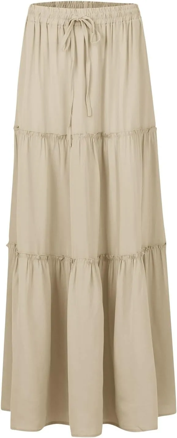 Summer Skirts for Women 2025 Vacation Pleated Long Skirt Maxi Length Tiered Swing Flowy Boho Beach Outfits w/Pockets