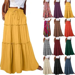 Summer Skirts for Women 2025 Vacation Pleated Long Skirt Maxi Length Tiered Swing Flowy Boho Beach Outfits w/Pockets