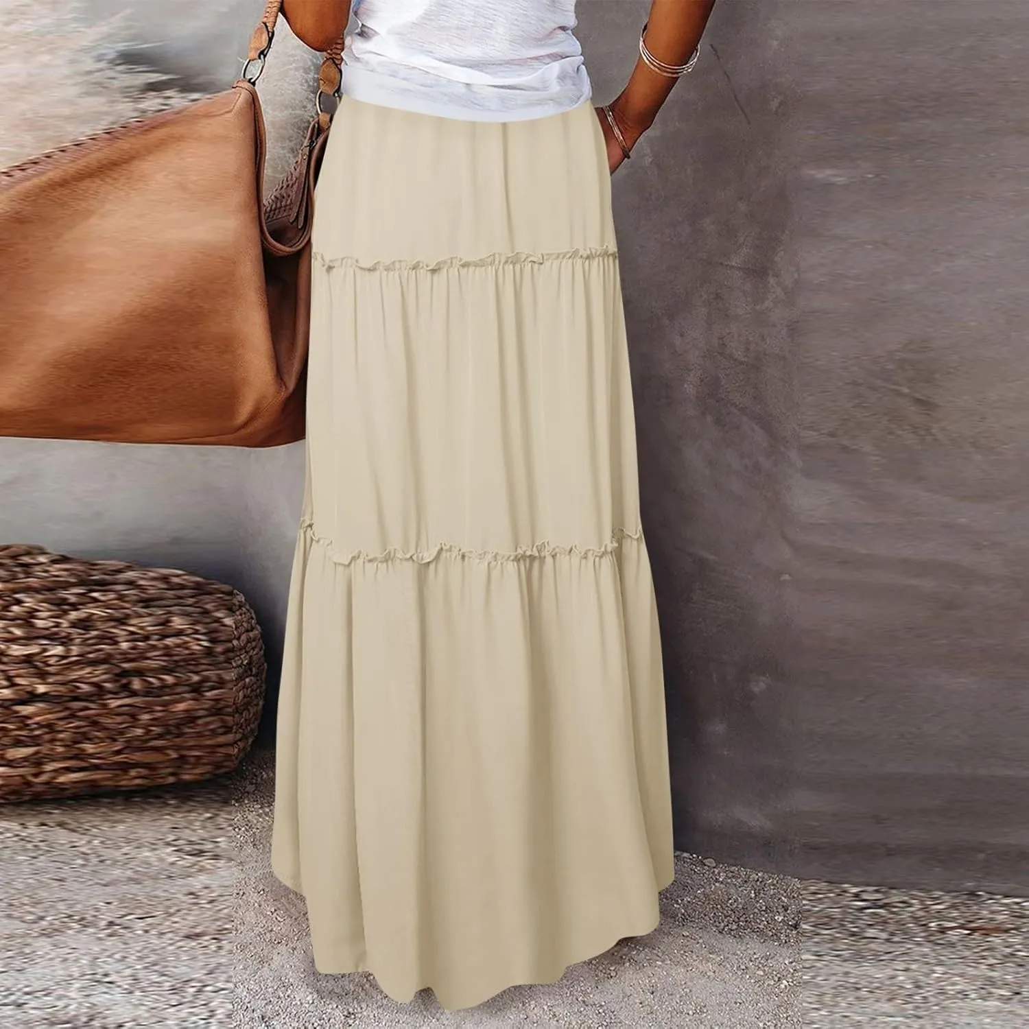 Summer Skirts for Women 2025 Vacation Pleated Long Skirt Maxi Length Tiered Swing Flowy Boho Beach Outfits w/Pockets