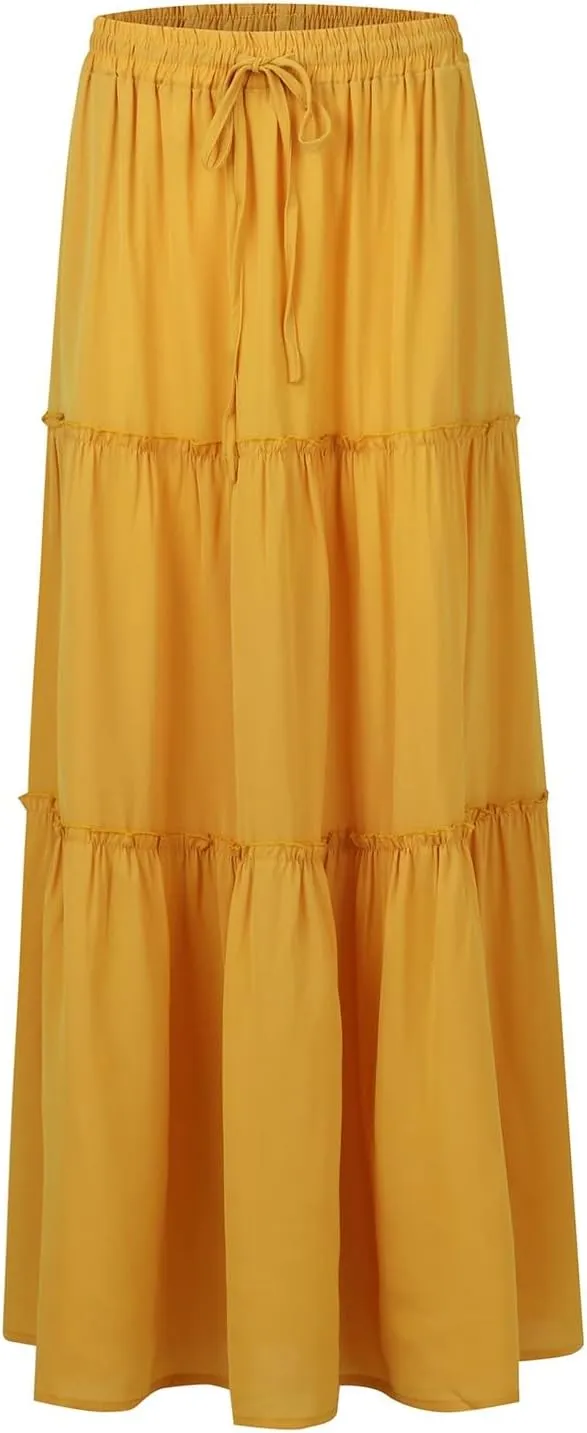 Summer Skirts for Women 2025 Vacation Pleated Long Skirt Maxi Length Tiered Swing Flowy Boho Beach Outfits w/Pockets