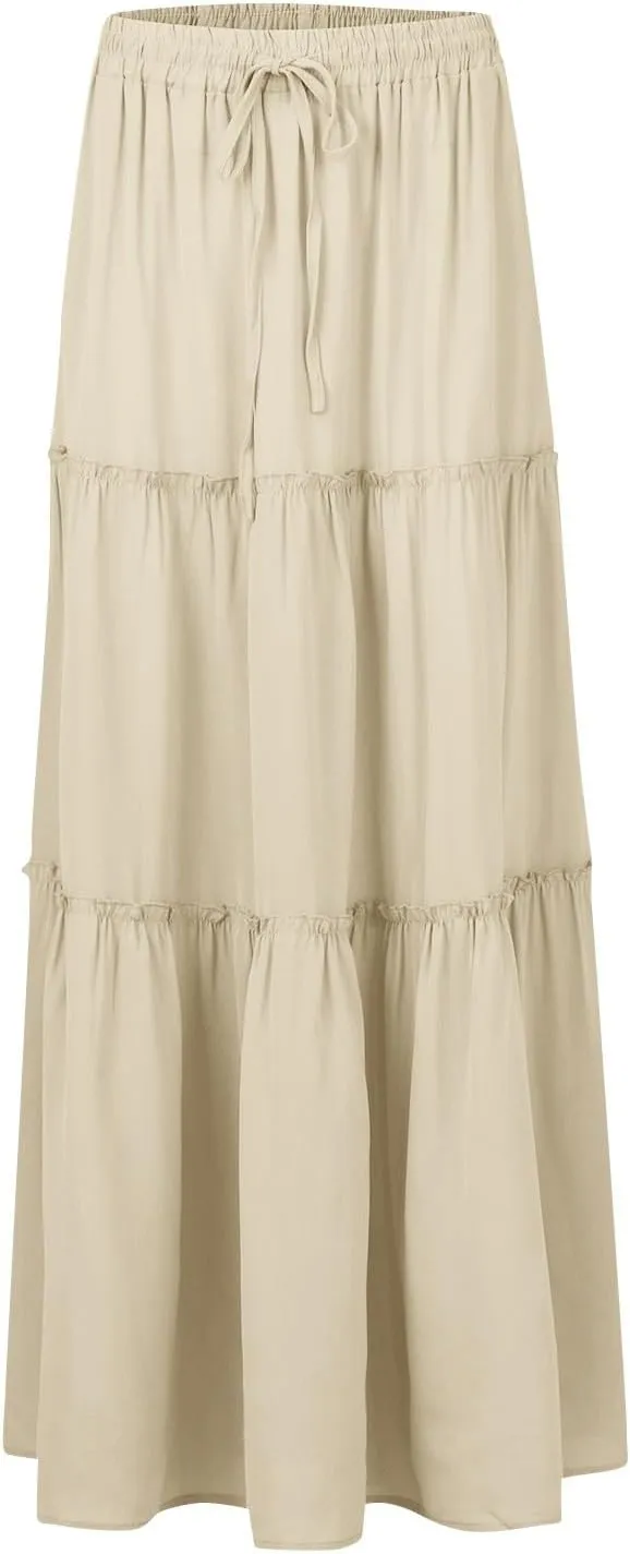 Summer Skirts for Women 2025 Vacation Pleated Long Skirt Maxi Length Tiered Swing Flowy Boho Beach Outfits w/Pockets