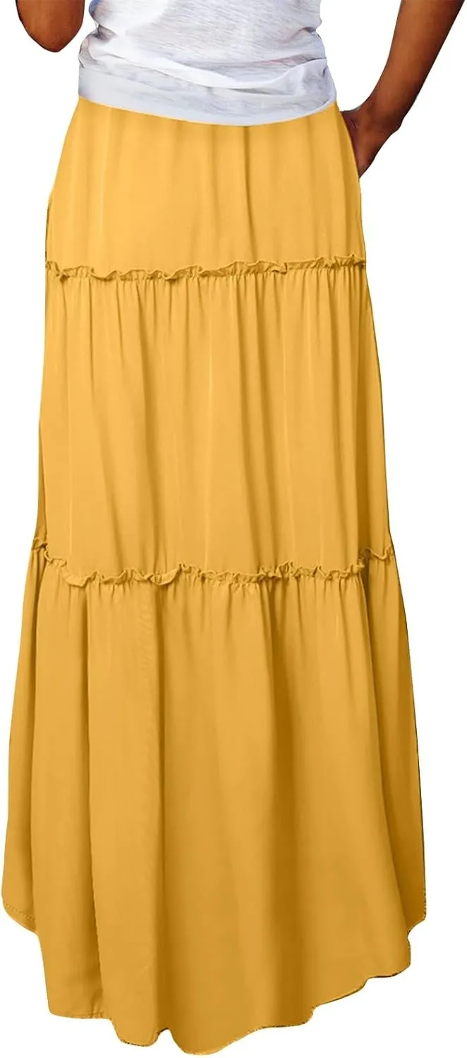 Summer Skirts for Women 2025 Vacation Pleated Long Skirt Maxi Length Tiered Swing Flowy Boho Beach Outfits w/Pockets