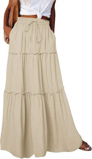 Summer Skirts for Women 2025 Vacation Pleated Long Skirt Maxi Length Tiered Swing Flowy Boho Beach Outfits w/Pockets