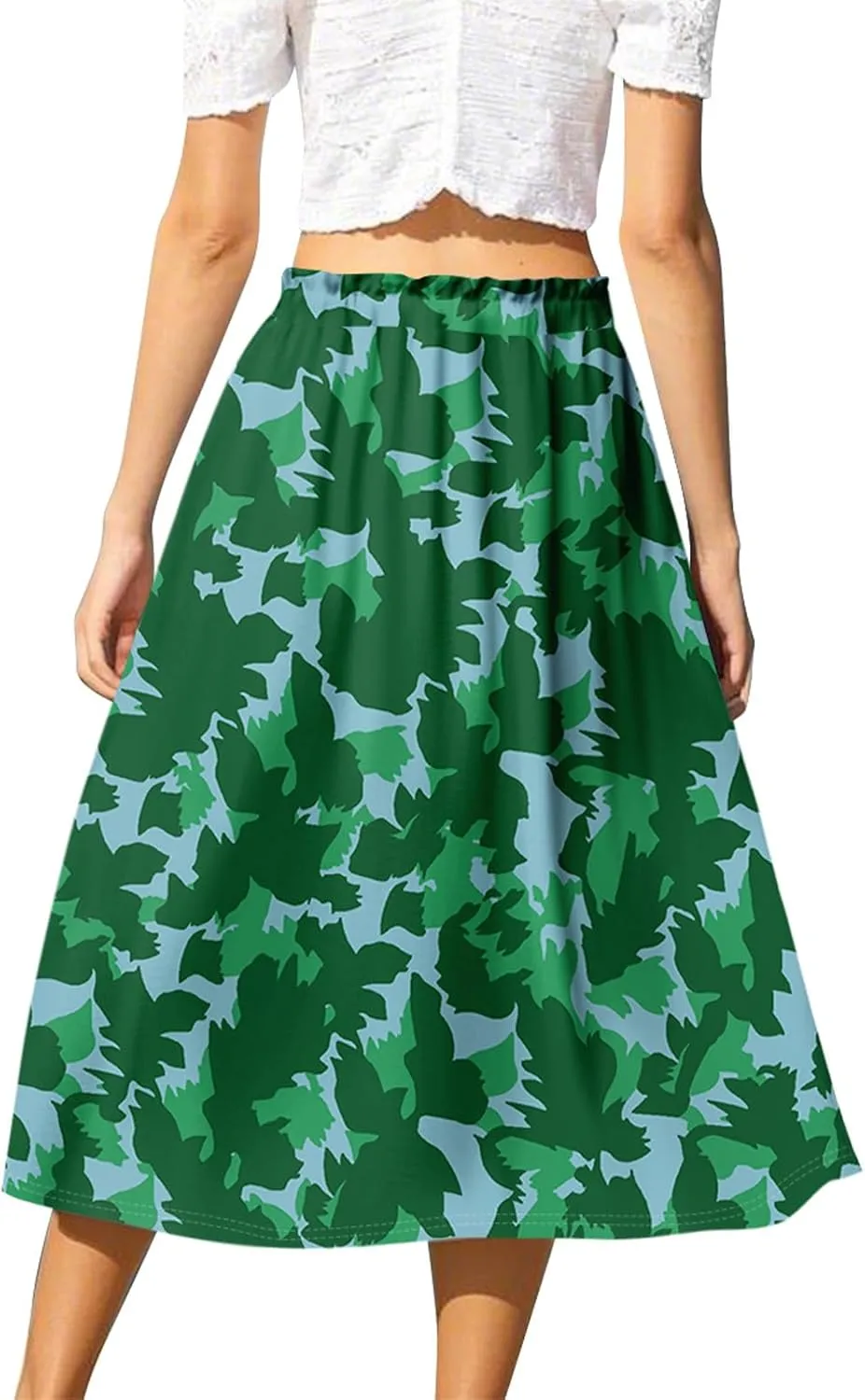 Summer Skirts for Women Midi Boho Drawstring Elastic High Waist Knee Length Skirts A Line Floral Pleated Skirt