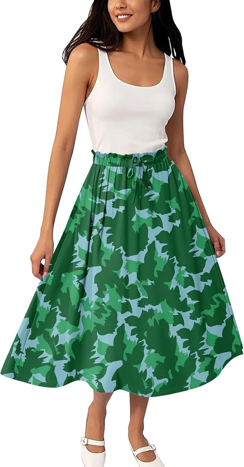 Summer Skirts for Women Midi Boho Drawstring Elastic High Waist Knee Length Skirts A Line Floral Pleated Skirt