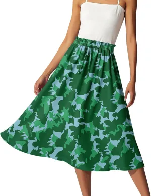 Summer Skirts for Women Midi Boho Drawstring Elastic High Waist Knee Length Skirts A Line Floral Pleated Skirt