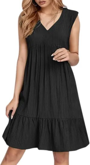 Summer Tank Dresses for Women 2025 Vacation V Neck Sleeveless Mini T Shirt Dress Pleated Ruffle Flowy Beach Sundresses