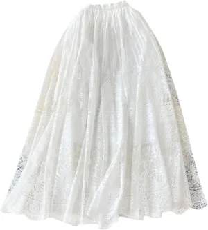 Summer Women Loose Casual Vintage Print A-Line Skirt White Cotton Linen Mid-Calf Skirts Lace Mesh Midi Half Dress
