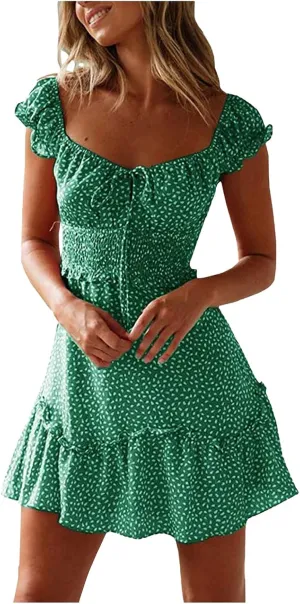 Summer Womens Smocked Dresses Ruffle Sleeve Floral Tie Front Boho Sundress Sexy Print Sweetheart Neckline Mini Dress