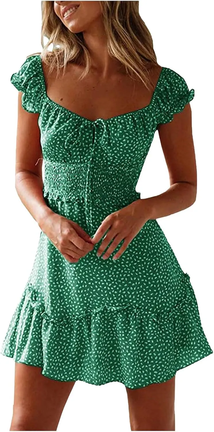 Summer Womens Smocked Dresses Ruffle Sleeve Floral Tie Front Boho Sundress Sexy Print Sweetheart Neckline Mini Dress
