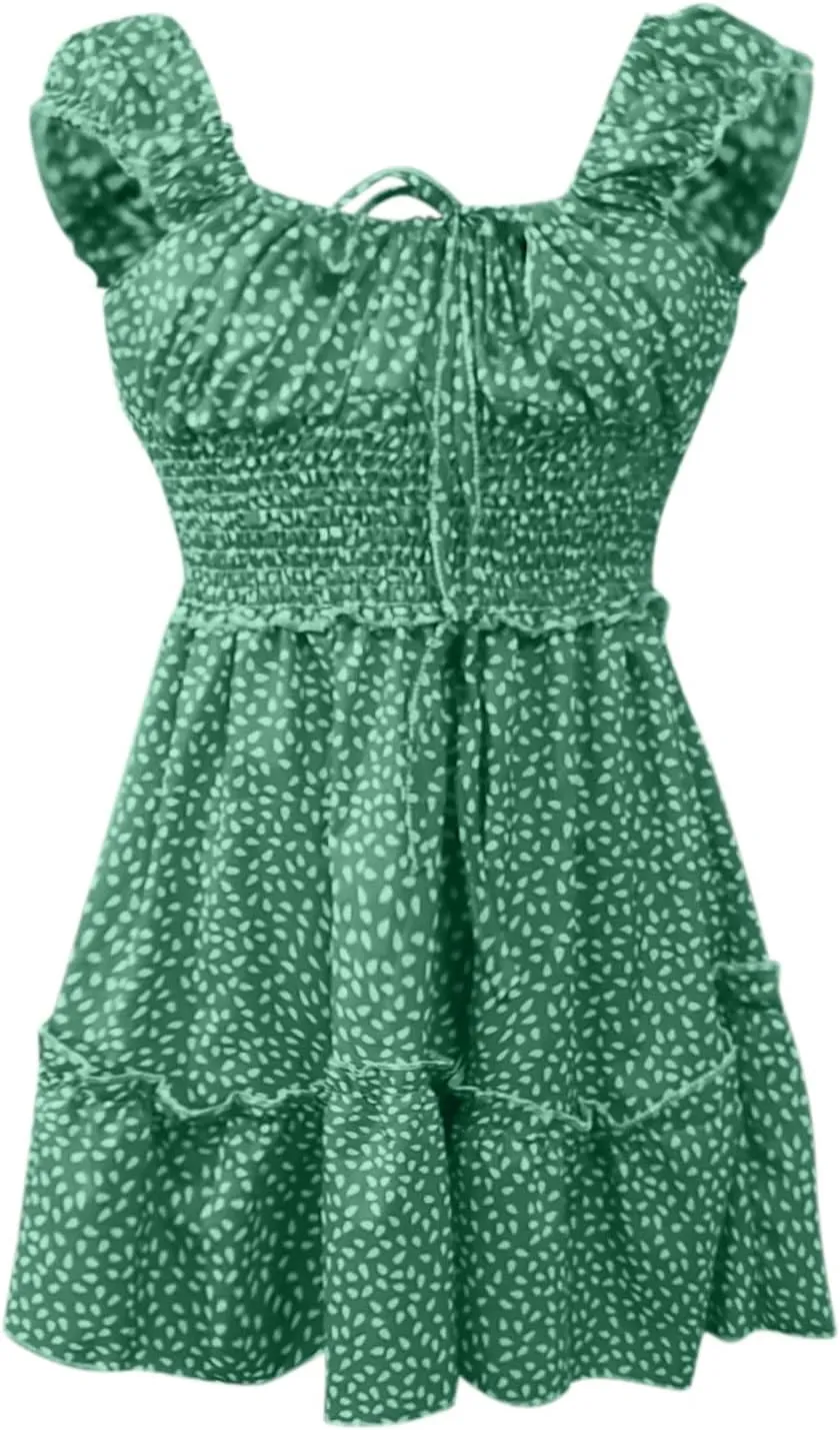 Summer Womens Smocked Dresses Ruffle Sleeve Floral Tie Front Boho Sundress Sexy Print Sweetheart Neckline Mini Dress