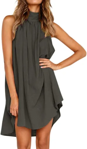Sun Dresses for Women 2025 Vacation Halter Neck Solid Summer Casual Sundress Elegant Pleated High Low Mini Dresses