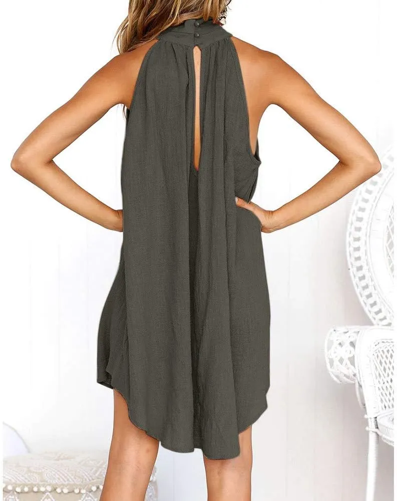 Sun Dresses for Women 2025 Vacation Halter Neck Solid Summer Casual Sundress Elegant Pleated High Low Mini Dresses