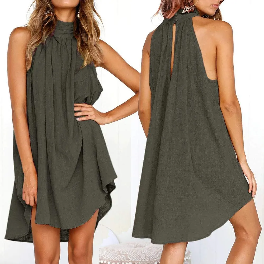Sun Dresses for Women 2025 Vacation Halter Neck Solid Summer Casual Sundress Elegant Pleated High Low Mini Dresses
