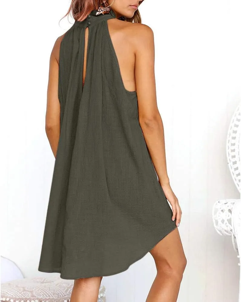 Sun Dresses for Women 2025 Vacation Halter Neck Solid Summer Casual Sundress Elegant Pleated High Low Mini Dresses