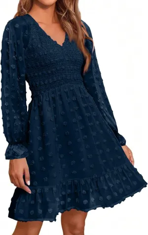 Sun Dresses for Women 2025 Vacation Long Sleeve Sexy V Neck Swiss Dots Mini Dress High Waisted A Line Ruffle Dress